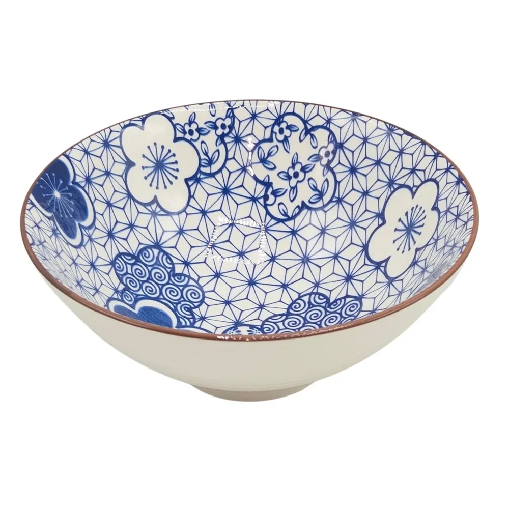 SH Home Blue Floral Ceramic Ramen Noodle Bowl Set of 2 With Chopsticks And Spoon